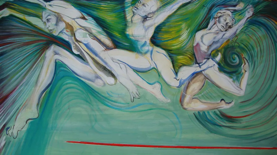 Three figures dancing in colorful abstract swirls.