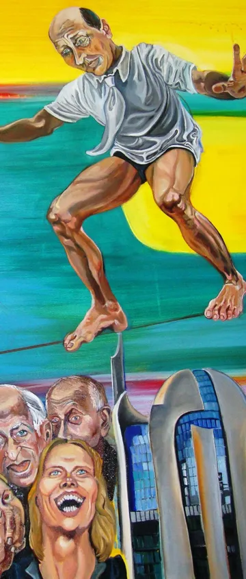 Man balancing on tightrope above crowd, cityscape below.
