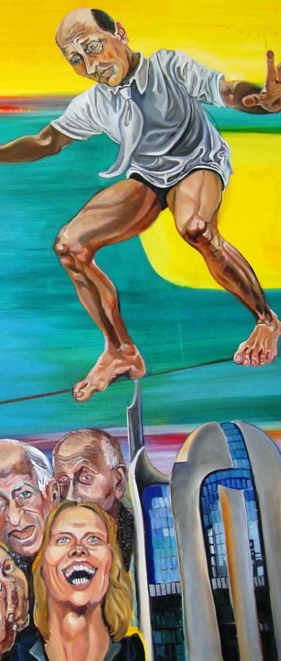 Man balancing on tightrope above crowd, cityscape below.