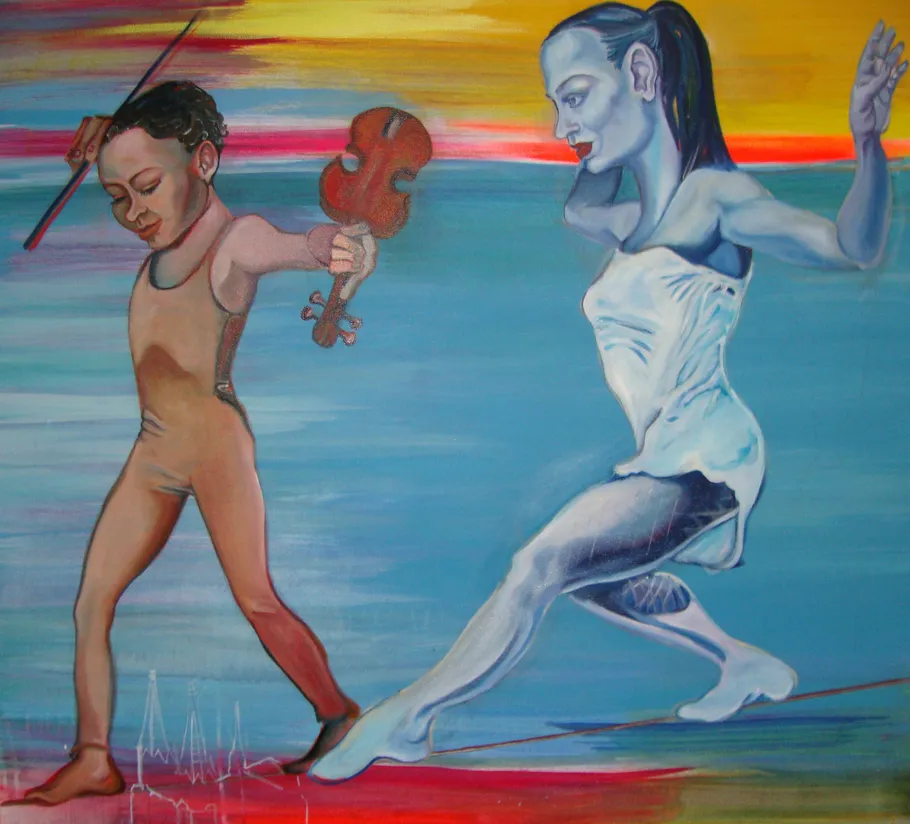 Child with violin and woman in abstract scene.