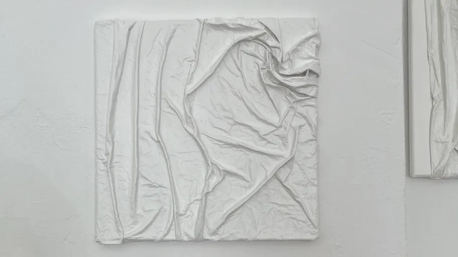 White textured artwork on a wall, crumpled pattern.