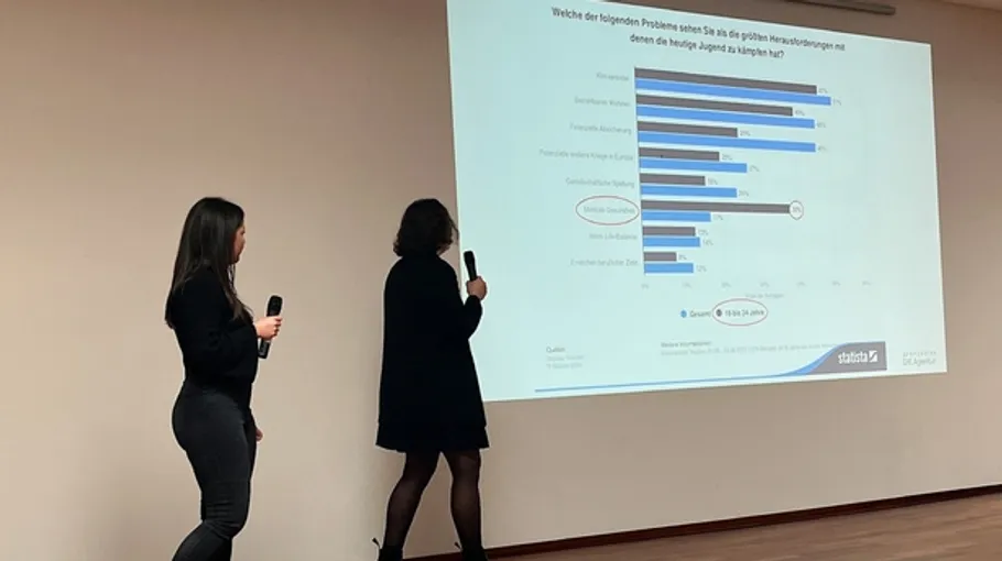 Two people presenting in front of a chart.