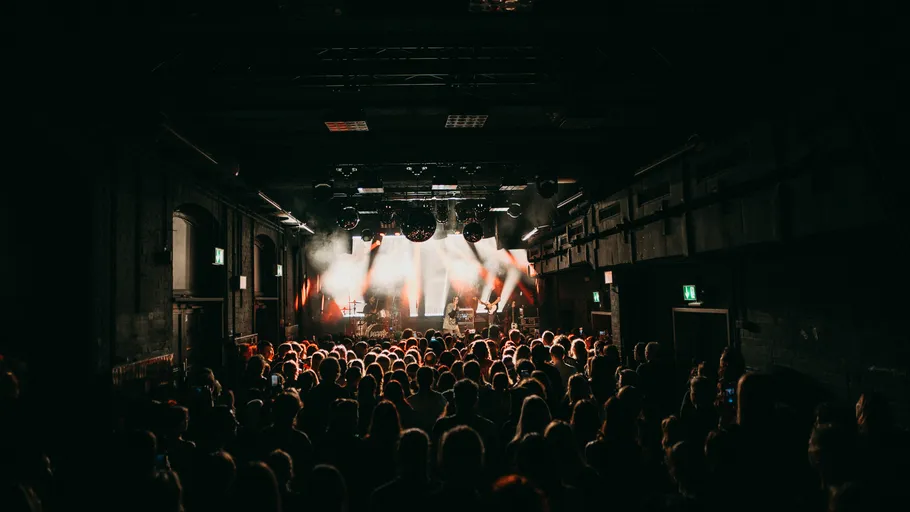 Concert audience watching a band performing indoors.