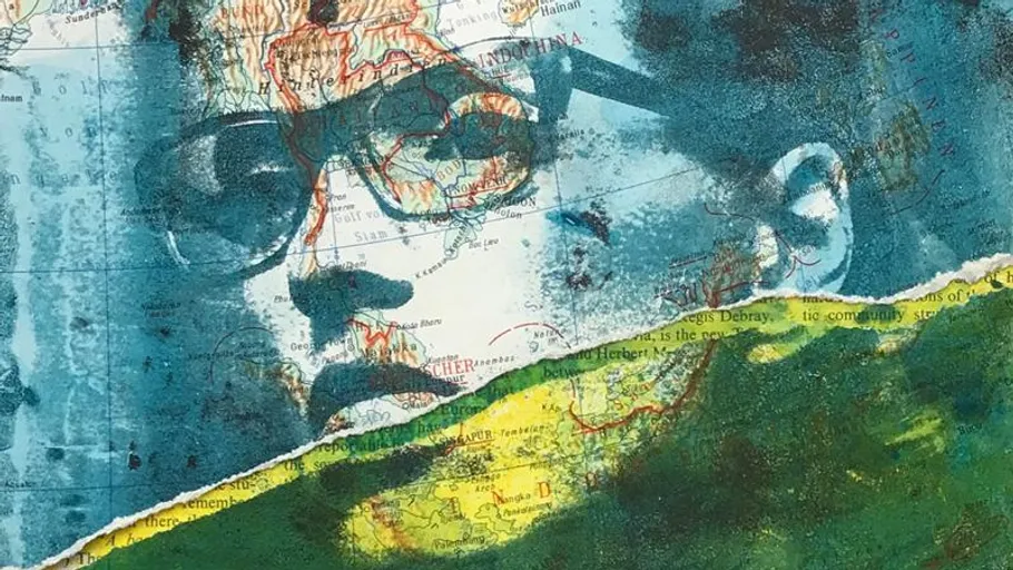 Portrait overlayed on a map background.