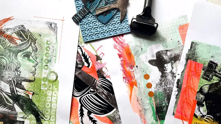 Art prints and tools on a work table.