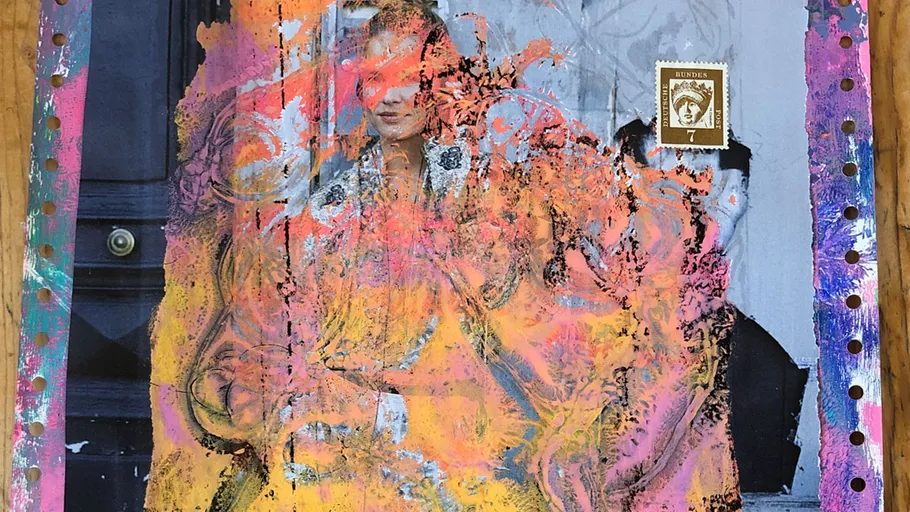 Mixed-media portrait with vibrant paint overlay.