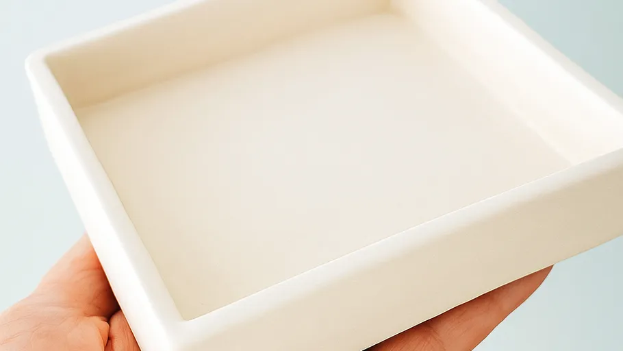 Hand holding a white, square tray.