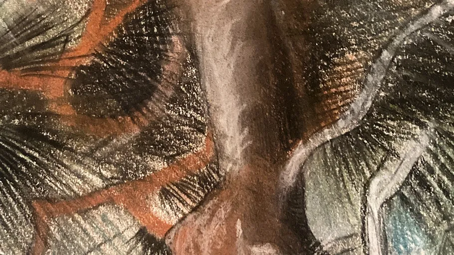 Abstract painting with swirling patterns.