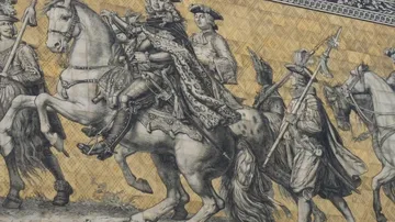 Historische Figuren zu Pferd, prachtvolle Kleidung dargestellt.