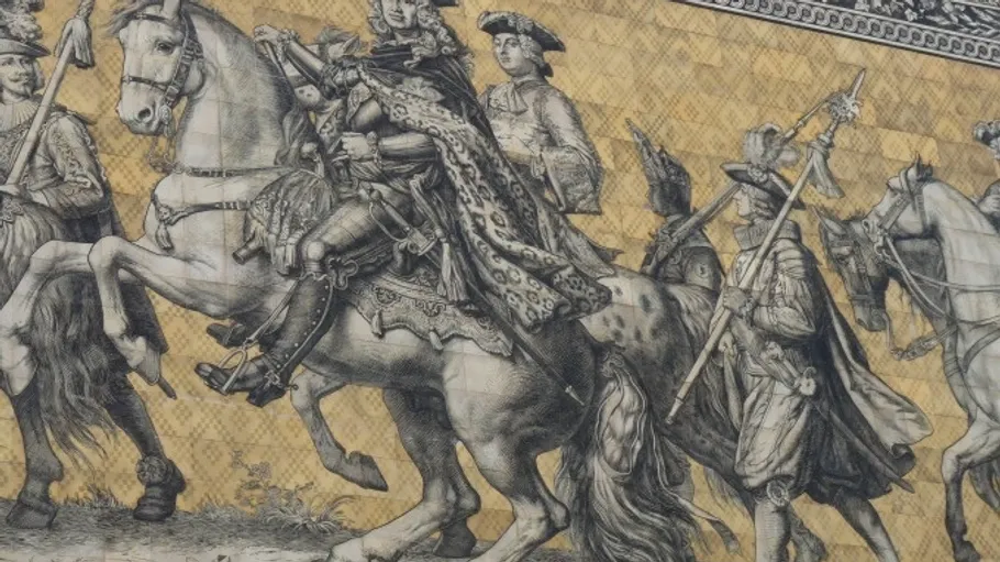 Historical figures on horseback, ornate clothing depicted.