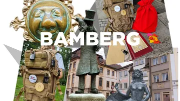 Collage of Bamberg landmarks and items.
