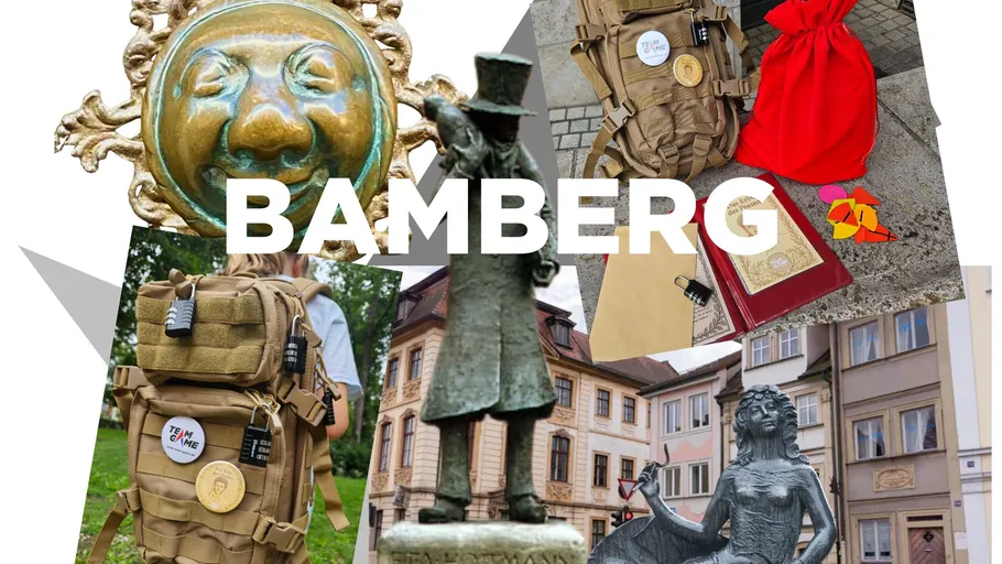 Collage von Bamberger Sehenswürdigkeiten und Gegenständen.
