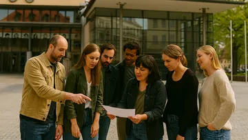 Group discussing paper outside modern building.