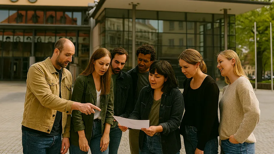 Gruppe diskutiert Papier vor modernem Gebäude.