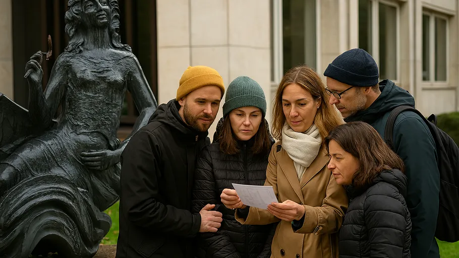 Gruppe betrachtet Papier neben Außenskulptur.