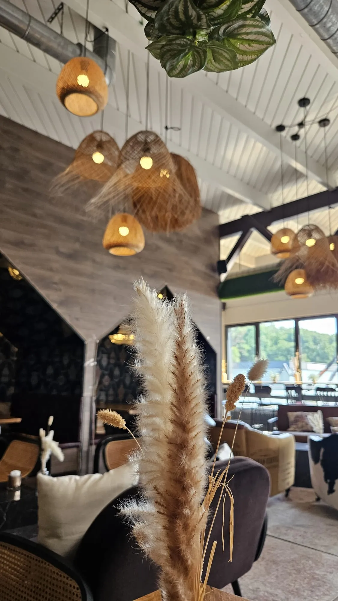 Innenraum eines Cafés mit hängenden Lampen und Pflanzen.