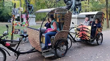 Two decorated rickshaws with passengers in park.