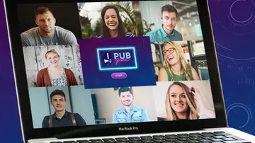 Laptop screen showing group video call participants.