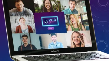 Laptop screen showing group video call participants.