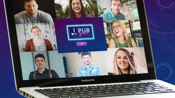 Laptop-Bildschirm zeigt virtuelles Pub-Quiz-Treffen.