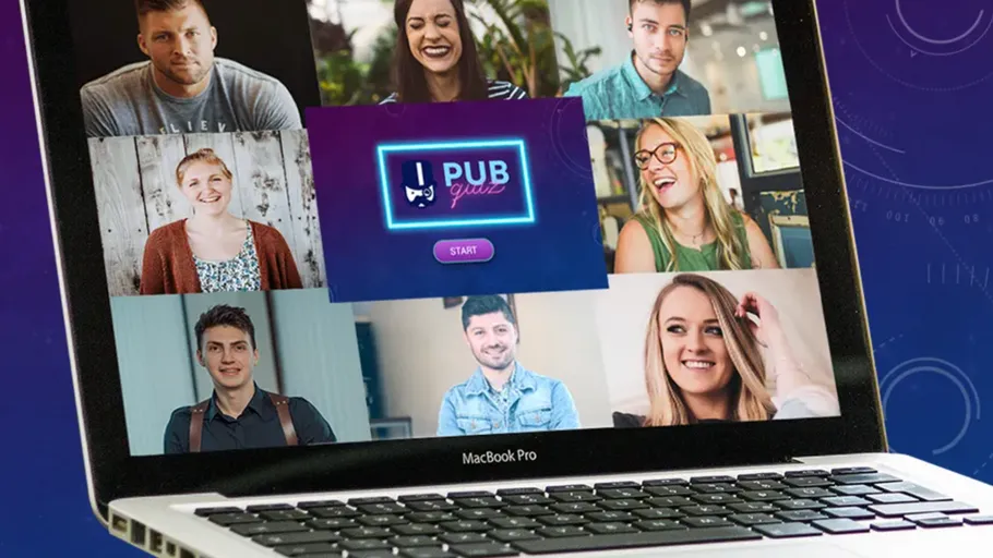 Laptop screen displaying virtual pub quiz meeting.