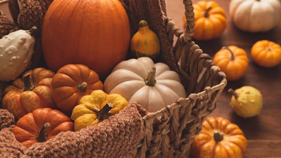 Various pumpkins in woven basket, wooden table.