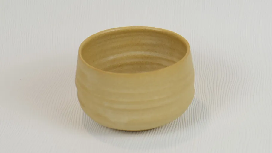Simple beige ceramic bowl on white background.