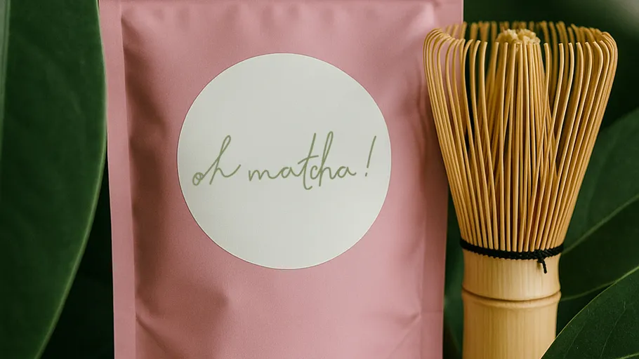 Pinkes Matcha-Paket neben Bambusbesen.