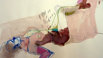 Abstract sketch of reclining figure on canvas.