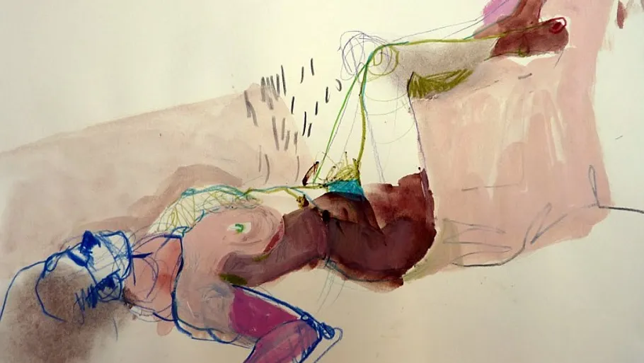 Abstract sketch of reclining figure on canvas.