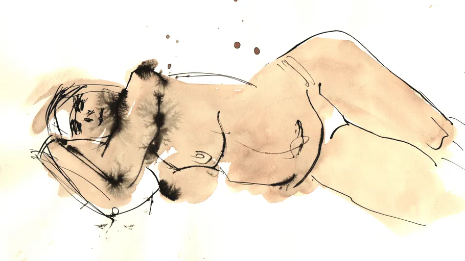 Liegende nackte Figur, abstrakter Aquarellstil.