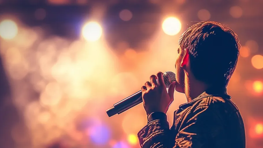 Singer holding microphone on stage, bright lights behind.