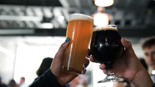 Two people clinking beer glasses indoors.