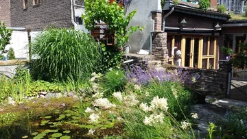 Üppiger Garten mit Teich neben Backsteinhaus.