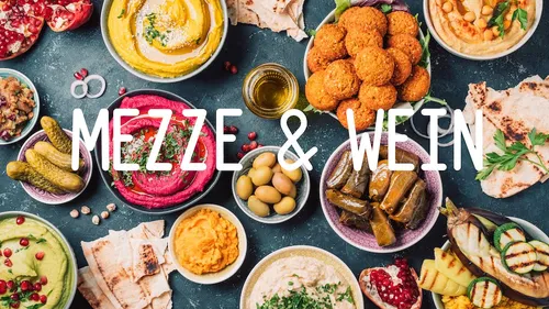 Verschiedene Mezze-Gerichte mit Texteinblendung.