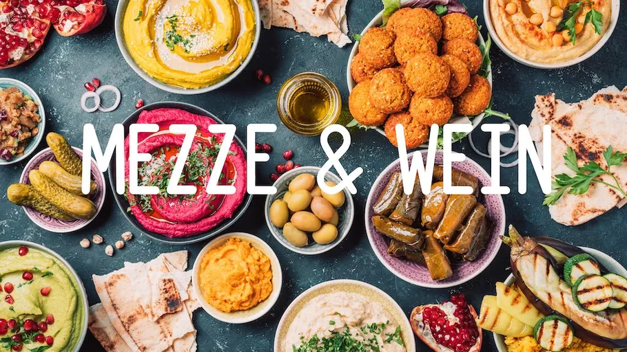 Variety of mezze dishes with text overlay.