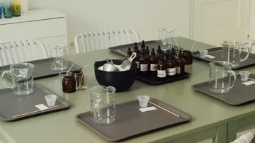 Tisch mit Flaschen und Messbechern bereitgestellt.