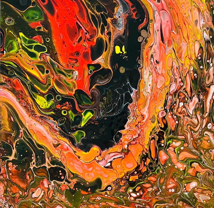 Abstract painting with vibrant swirling colors.