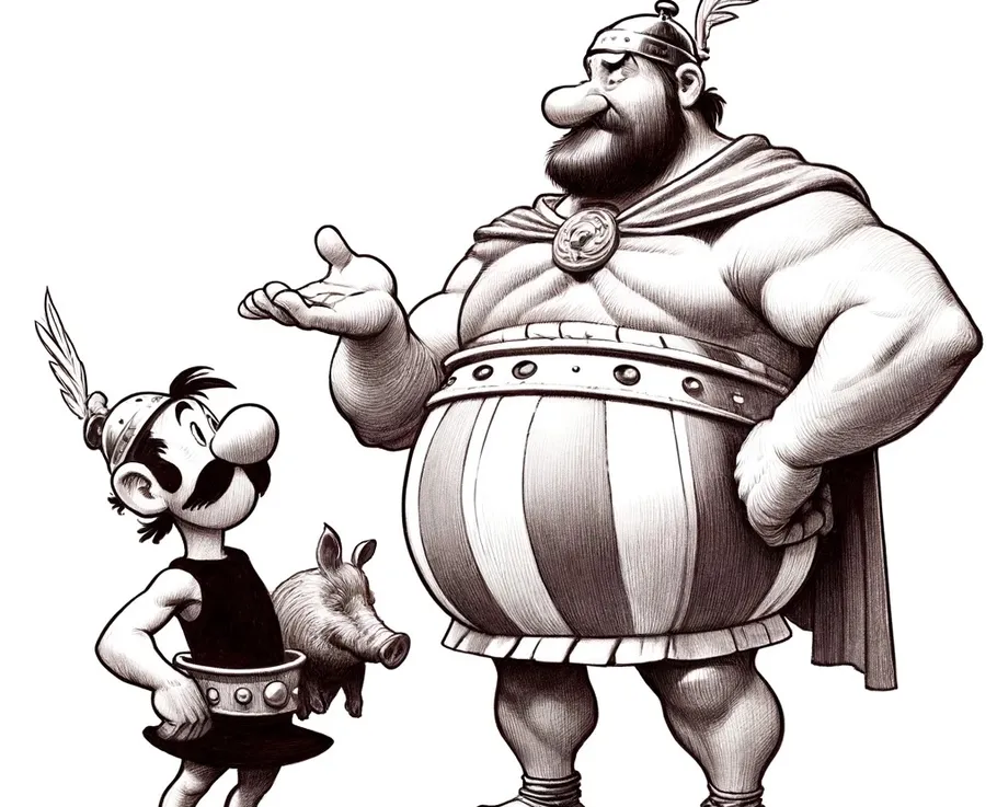 Zwei Cartoon-Krieger und ein Eber im Gespräch.