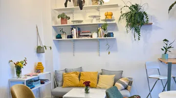 Cozy living room with plants and cushions.