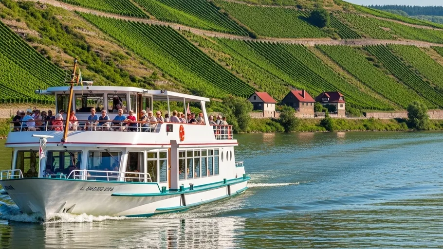 Ausflugsboot mit Touristen auf einem Fluss.