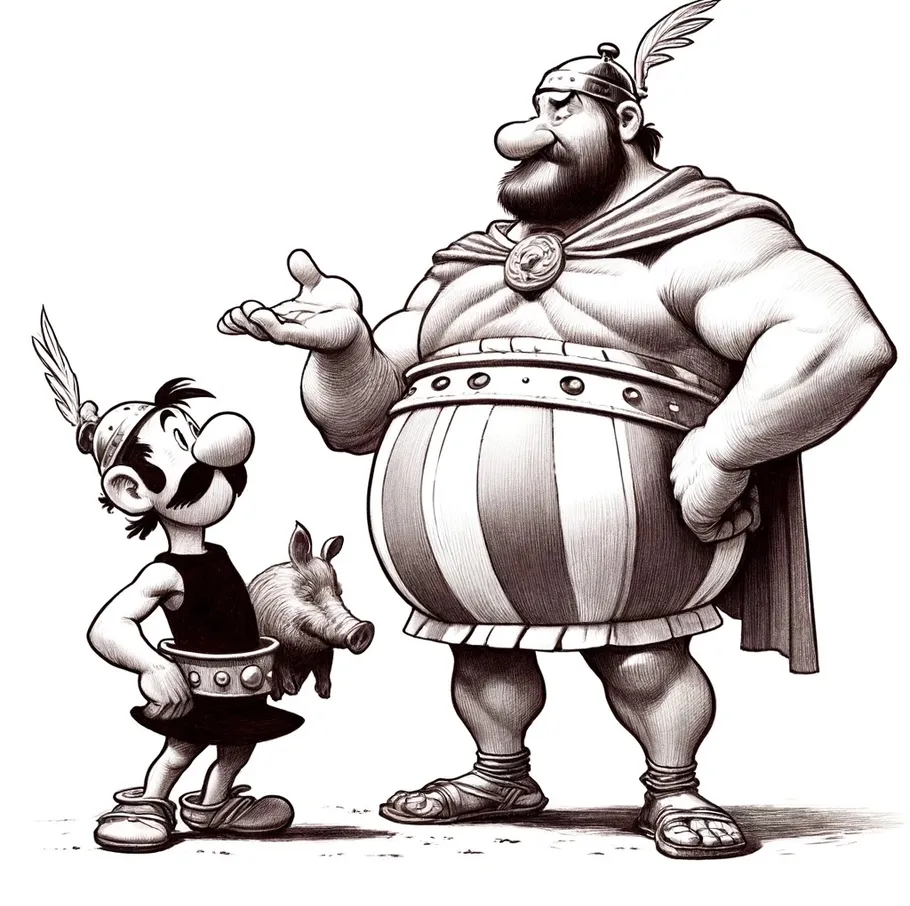 Zwei Cartoon-Krieger unterhalten sich mit einem Ferkel.