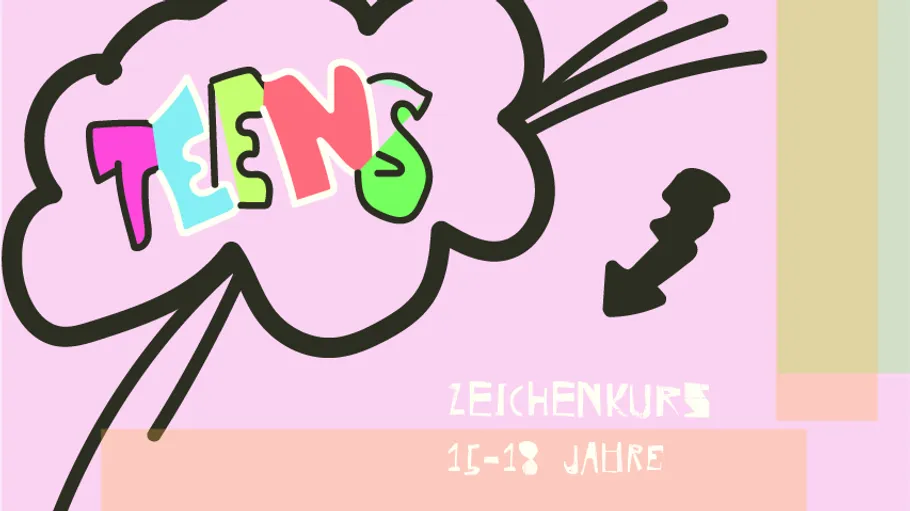 Colorful word 'TEENS' in speech bubble, arrow.