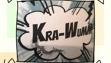 Comic-Soundeffekt-Text 'Kra-Wumph' in Sprechblase.