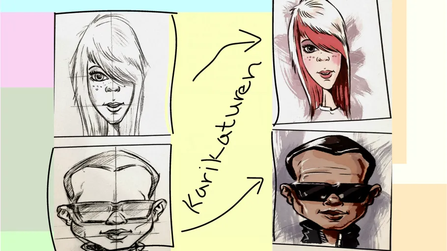 Four caricatures with styled hair and sunglasses.