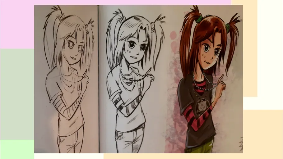 Character drawing, sketch to color progression.