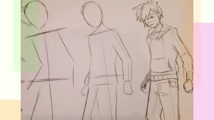 Three stages of drawing a manga character.