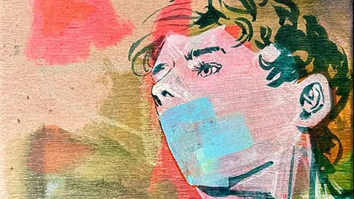 Abstract portrait with blue tape over mouth.
