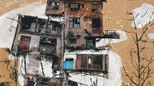 Collage of dilapidated buildings in abstract style.