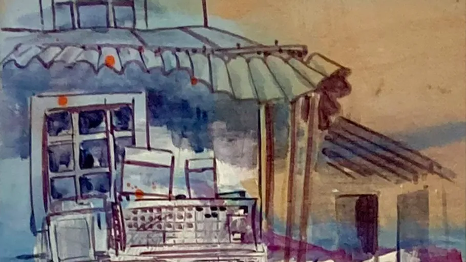 Abstract painting of a building with windows.